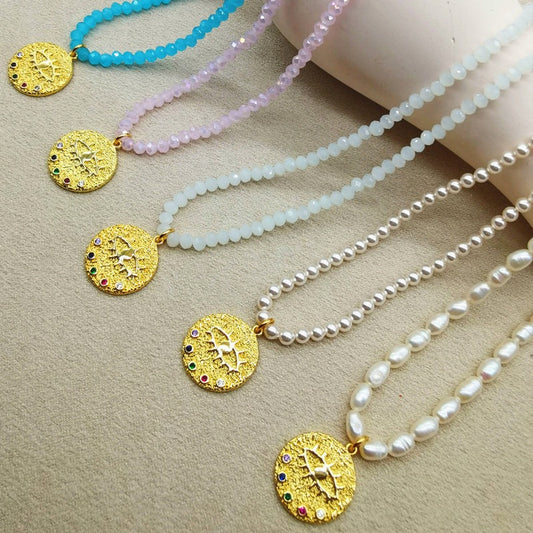 Devil's Eye Inlaid Zircon Freshwater Pearl Necklace Female Trendy Crystal Beads Collarbone Chaine