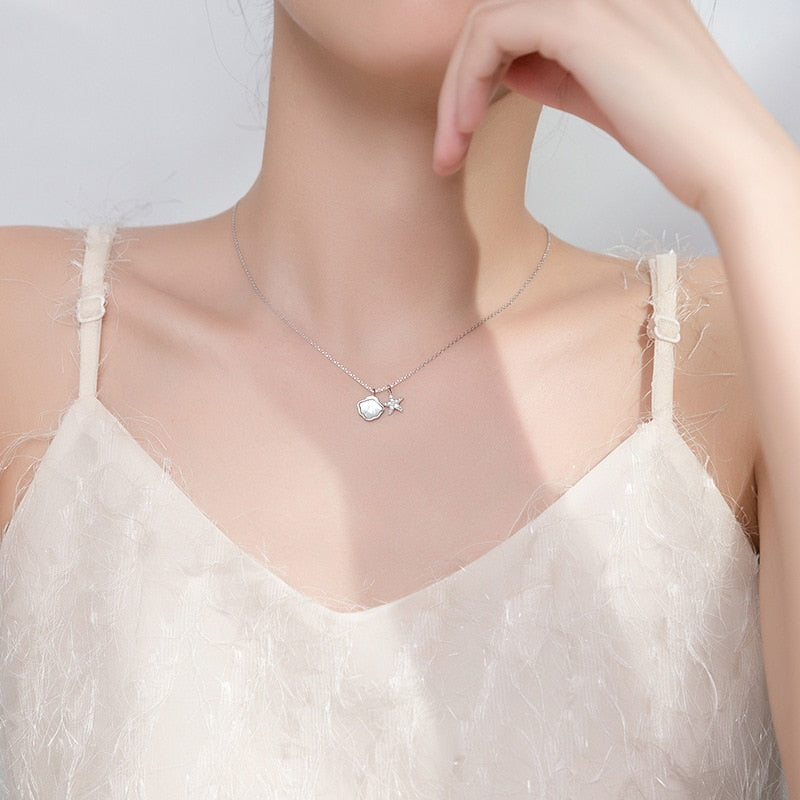 Modian Real 925 Sterling Silver Link Chain Necklace for Women Shiny Zircon Starfish Shell Pendant Necklace Fine Jewelry New