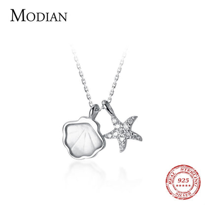 Modian Real 925 Sterling Silver Link Chain Necklace for Women Shiny Zircon Starfish Shell Pendant Necklace Fine Jewelry New