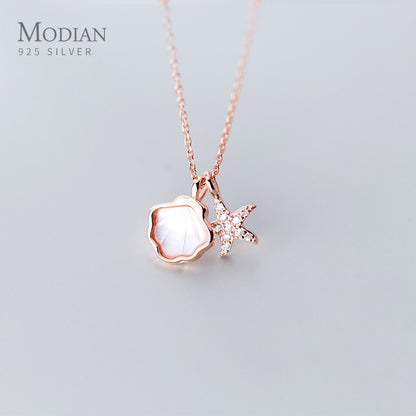 Modian Real 925 Sterling Silver Link Chain Necklace for Women Shiny Zircon Starfish Shell Pendant Necklace Fine Jewelry New