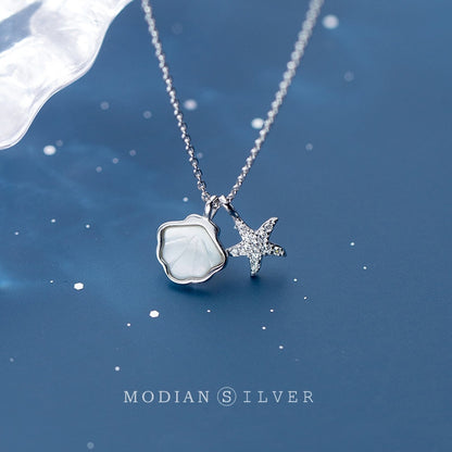 Modian Real 925 Sterling Silver Link Chain Necklace for Women Shiny Zircon Starfish Shell Pendant Necklace Fine Jewelry New