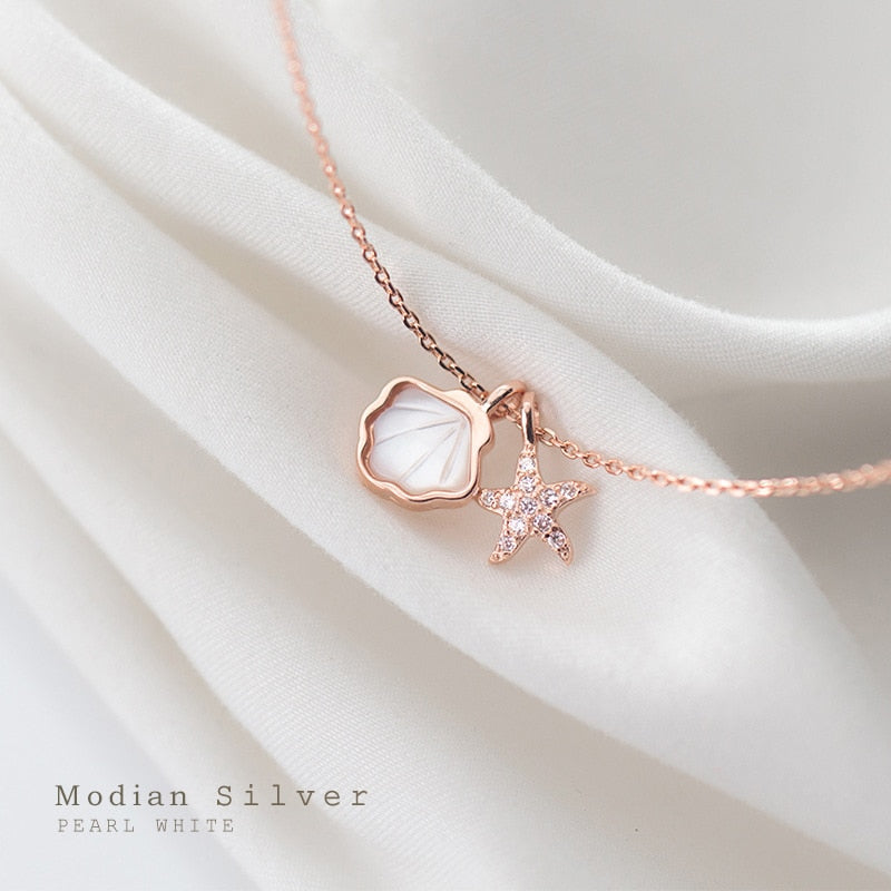 Modian Real 925 Sterling Silver Link Chain Necklace for Women Shiny Zircon Starfish Shell Pendant Necklace Fine Jewelry New