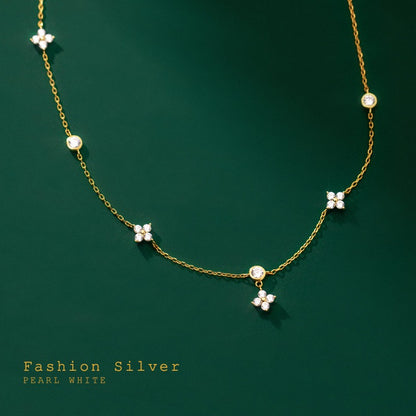 S925 Silver Summer Temperament Diamond Four Leaf Flower Necklace Retro Korean Female Clavicle Chain